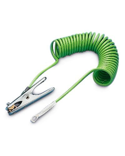 Câble de mise à la terre spiralé DENIOS avec 1 pince de mise à la terre et 1 œillet, rallonge de 3 m, 117-406