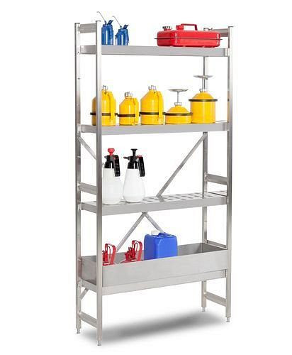 Rack pour matières dangereuses DENIOS GRE 1250 pour matières inflammables, acier inoxydable, 1 plateau et 3 étagères perforées, baie de base, 181-455