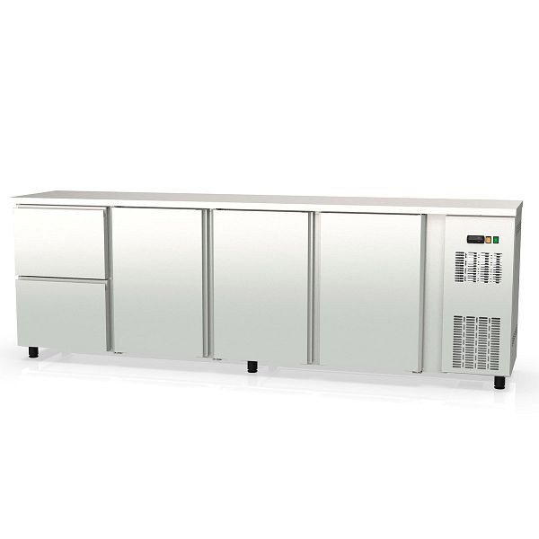 Table réfrigérée bar Vaiotec TOPLINE 530 inox / 3 portes & 2 tiroirs, 256,5x53x85 cm, 11438