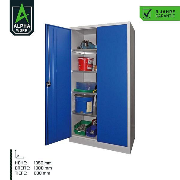 Armoire à portes battantes Alpha Work avec portes en tôle pleine, 1000 x 1950 x 600 mm, corps : gris clair, façade : bleu gentiane, 06054