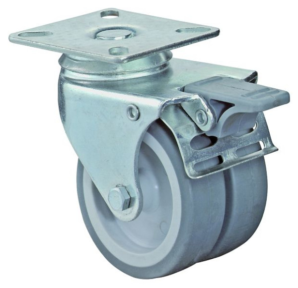 Appareil à rouleaux BS double rouleau avec frein, largeur 2x24 mm, Ø75 mm, jusqu'à 80 kg, bande de roulement en caoutchouc gris, palier lisse, lot de 4, B120.A80.075