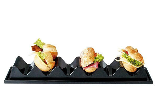 Présentoir snack APS - 6 auges, 60 x 19 cm, hauteur : 7,5 cm, polystyrène, noir, avec rainure à jus, avec poignée encastrée, 11889