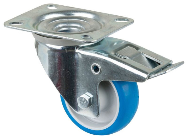 Rouleau de transport BS rollers avec frein, largeur 28 mm, Ø80 mm, jusqu'à 125 kg, polyuréthane bleu, corps en plastique, roulement à rouleaux, plateau, L420.B36.080