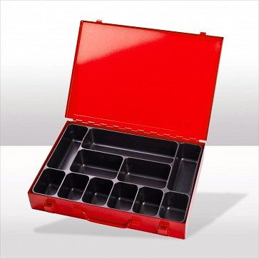 Coffret à outils ADB avec 11 compartiments, dimensions extérieures de la mallette LxlxH : 33,5x24x5 cm, couleur : rouge, RAL 3020, 88619