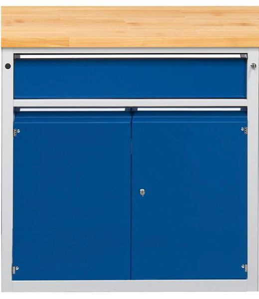 Armoire de comptoir ANKE (coin); 973 x 700 x 1020 mm; RAL 7035/5010; Plateau en hêtre massif 40 mm; 2 portes 900 mm incl.2 étagères soudées, 610.460