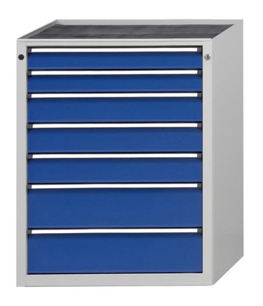 Armoire à tiroirs ANKE; 765 x 700 x 1020 mm; RAL 7035/5010; Plateau en hêtre massif 40 mm; 7 tiroirs 90, 90, 120, 120, 120, 180, 180 mm, 610.009