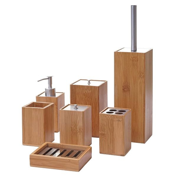 Ensemble de salle de bain 7 pièces Mendler HWC-A90, ensemble de toilette, ensemble de salle de bain, accessoires de salle de bain, distributeur de savon, porte-brosse à dents, porte-savon, bambou, 60786