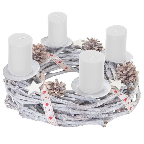 Couronne de l'Avent Mendler ronde, couronne de table de décoration de Noël, bois Ø 30cm blanc-gris, avec bougies, blanc, 56667