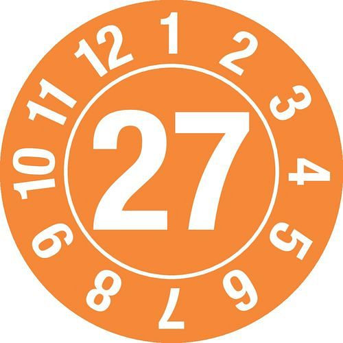 Autocollant de test DENIOS "27", en cercle, orange, film, autocollant, 25 mm, paquet : 5 feuilles de 15 pièces, 290090