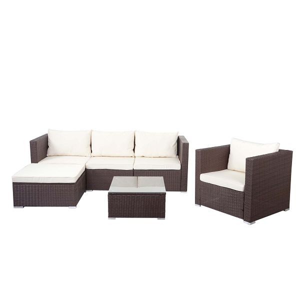 Mendler Brescia ensemble de rotin poly, ensemble de jardin, ensemble de salon canapé, marron, coussins crème, 64438+64439+64440