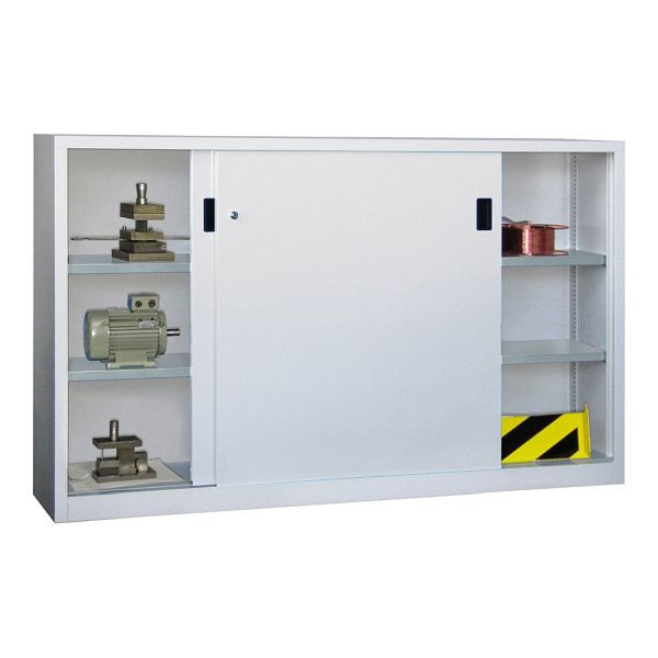 Armoire lourde portes coulissantes Pavoy 1200/2000/400, cloison centrale, 4 étagères galvanisées ; Serrure à cylindre à poussée rotative, 30331-200-400-910