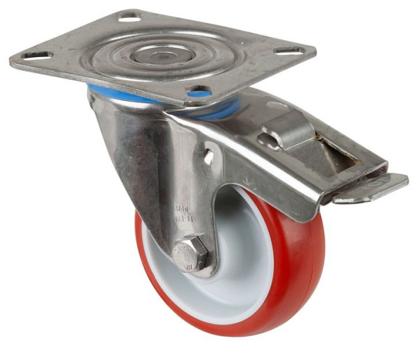 Rouleau de transport en acier inoxydable avec frein, W28 mm, Ø80 mm, jusqu'à 100 kg, surface en polyuréthane rouge, corps en plastique, palier lisse, plaque, H120.B26.080