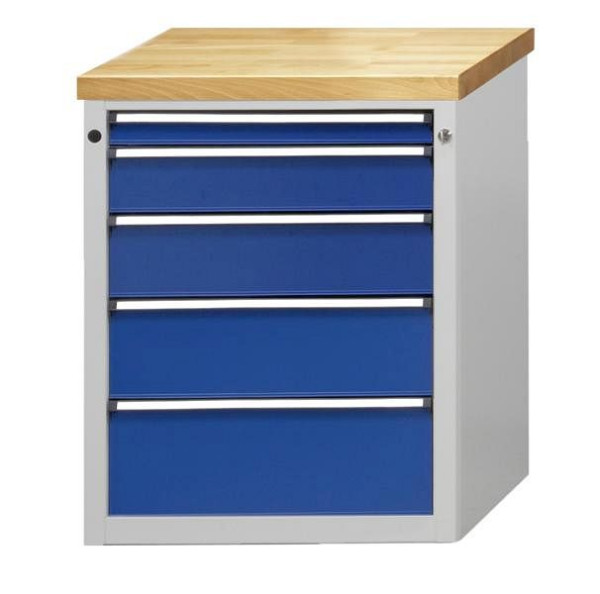 Armoire latérale ANKE; 660 x 615 mm; RAL 7035/5010; Baignoire avec tapis antidérapant; 5 tiroirs 60, 120, 150, 180, 210 mm