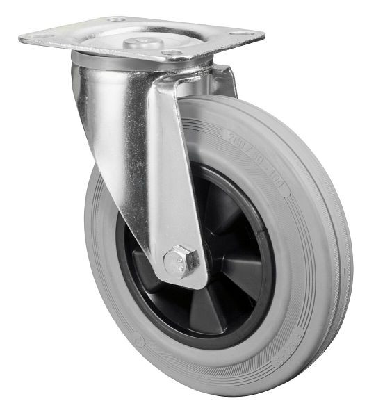 Rouleau de transport BS rollers, largeur de roue 50 mm, roue Ø 200 mm, capacité de charge 205 kg, caoutchouc gris, corps de roue en plastique, roulement à rouleaux, plaque, L400.B46.200