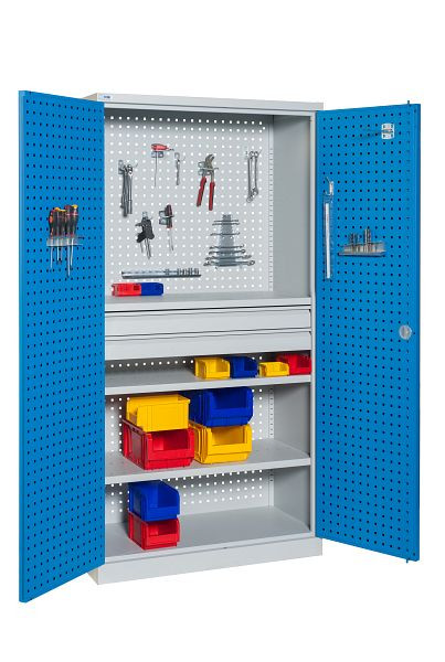 Meuble d'atelier SOFAME à panneaux perforés L 1000 x P 500 x H 1950 mm, avec 2 tiroirs et 2 étagères, W030080001GCBI