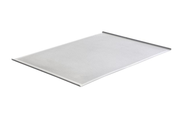 Plaque à pâtisserie Schneider aluminium 580 x 780 mm, côté long ouvert, bord côté court 10 mm 70 °, perforé 3 mm, 381005