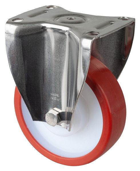 Roulettes BS roulette fixe pour charges lourdes en acier inoxydable, acier inoxydable, roue en polyuréthane rouge à palier lisse, plaque à visser, diamètre 150 mm, HS110.B27.151