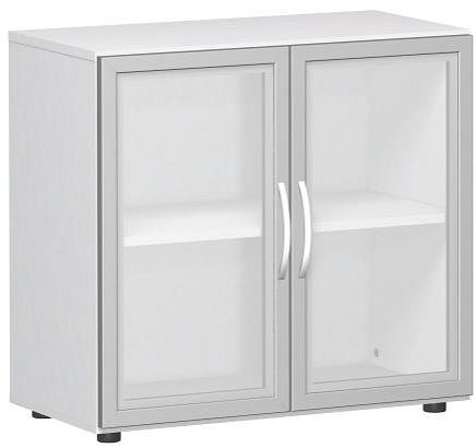 Armoire à double porte geramöbel avec portes en verre satiné dans un cadre en bois, avec pieds, y compris amortisseur de porte, 800x420x752, blanc, S-382800-GTW
