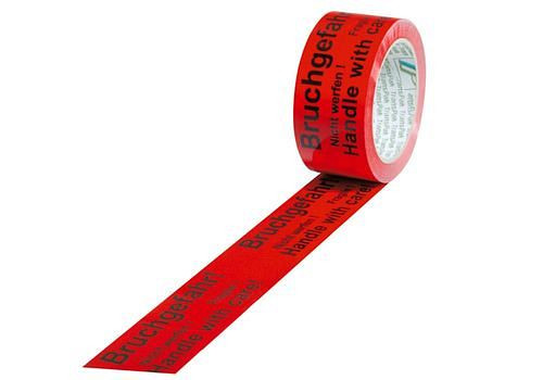 Ruban adhésif d'avertissement DENIOS, PVC, impression risque de casse, en rouge signal, 50 mm de large x 66 m, pack : 12 rouleaux, 299580