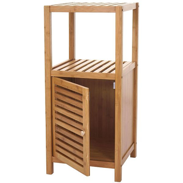 Étagère de salle de bain Mendler HWC-B18, étagère sur pied d'armoire de salle de bain avec porte, bambou, 80x36x34cm, 57556