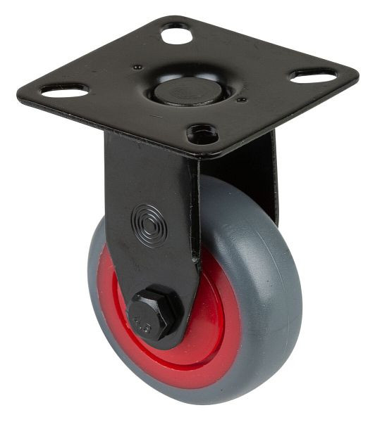 Roulettes BS Roulette fixe noire, roue en caoutchouc thermoplastique gris, jante rouge, roulement à billes, plaque, diamètre : 50 mm, pack : 8 pièces, A810.A85.050.03