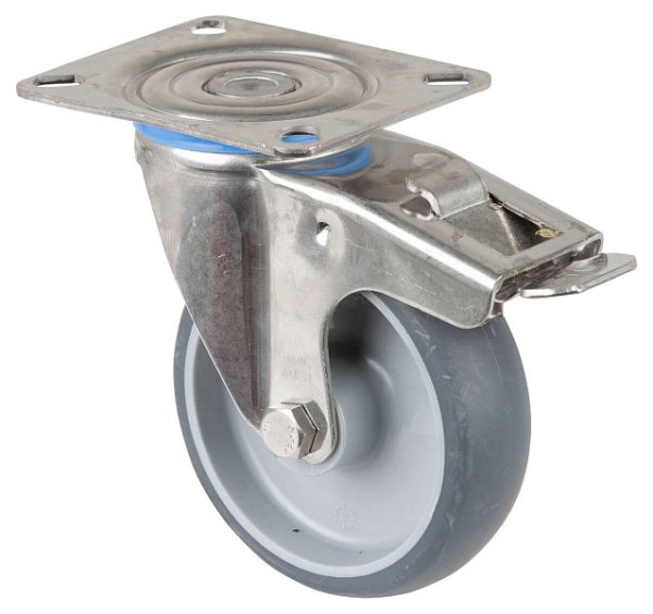 Rouleau de transport BS rollers inox avec frein, L30 mm, Ø100 mm, jusqu'à 80 kg, pneus thermoplastiques gris, palier lisse, plateau, H120.B43.100