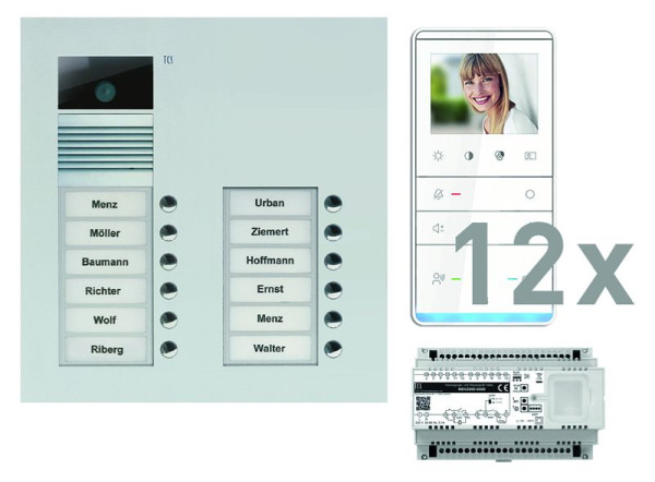 Système de contrôle de porte vidéo TCS : pack UP pour 12 unités résidentielles, avec platine de rue AVU 12 boutons de sonnerie, 12x haut-parleur mains libres vidéo IVW5111, unité de contrôle, PVU17120-0010