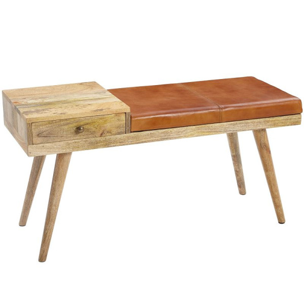 Banc Wohnling SALIM en peau de chèvre / banc en bois massif 100x52x38 cm de style rétro, WL5.322