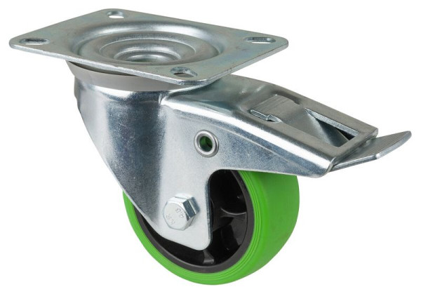 Roulette de transport pivotante BS Rollers avec frein, roue en caoutchouc thermoplastique, pneu vert, roulement à rouleaux, plaque, 80 mm, lot de 4, L420.B44.081.04