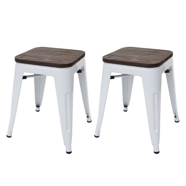 Mendler set de 2 tabourets HWC-A73 avec siège en bois, tabouret en métal, design industriel en métal empilable, blanc, 70398