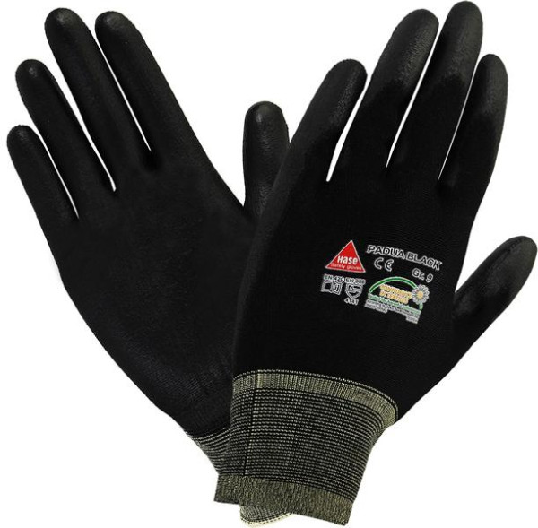 Hase Safety PADUA noir, gants de sécurité à 5 poignées, nylon/PU, lavables, taille : 7, UE : 10 paires, 508600-7