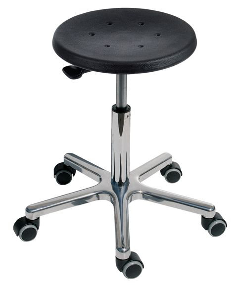 Tabouret Lotz ESD selon DIN EN 61340-5-1, assise : PU, noir, Ø 350 mm, réglage de la hauteur d'assise : 460 - 640 mm, déverrouillage par levier, roulettes, 3345.11