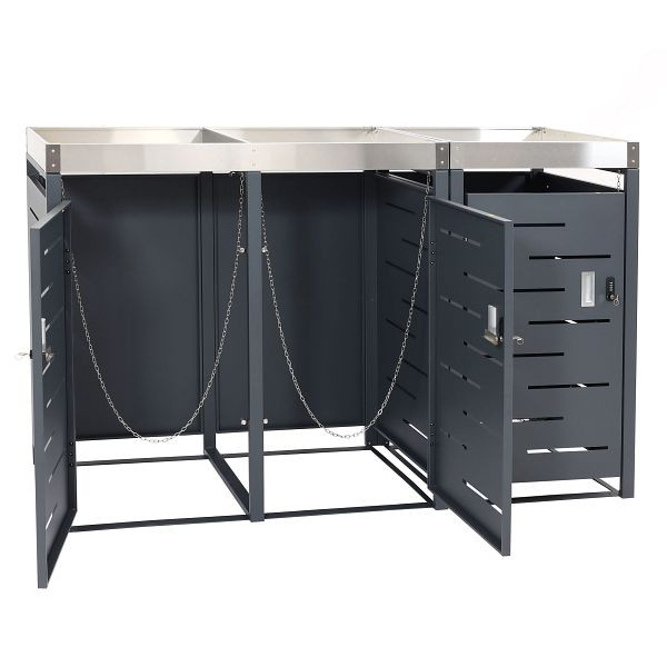 Mendler 3-wheelie bin habillage HWC-H40b, wheelie bin box, bac à plantes combinaison inox-métal 63kg 101x51x59 extensible, 99042+99043+99044