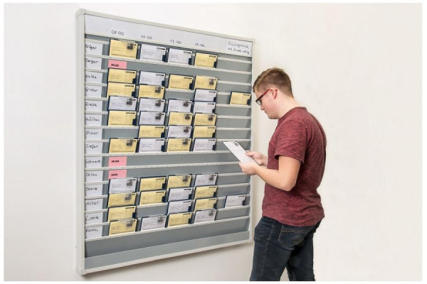 Tableau de planification Eichner A5 portrait, 15 rails, 1125x1315x78 mm, profondeur d'insertion 133 mm, bord visible 72 mm, compartiment de rangement, index latéral/couvercle en PVC, 9019-01062-2