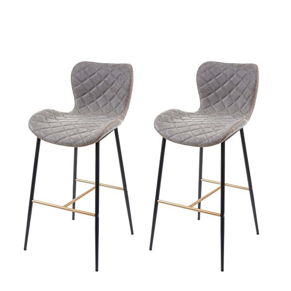Ensemble de 2 tabourets de bar Mendler HWC-E55, tabouret de comptoir de bar, entretoises vintage dorées, simili cuir gris, 67957