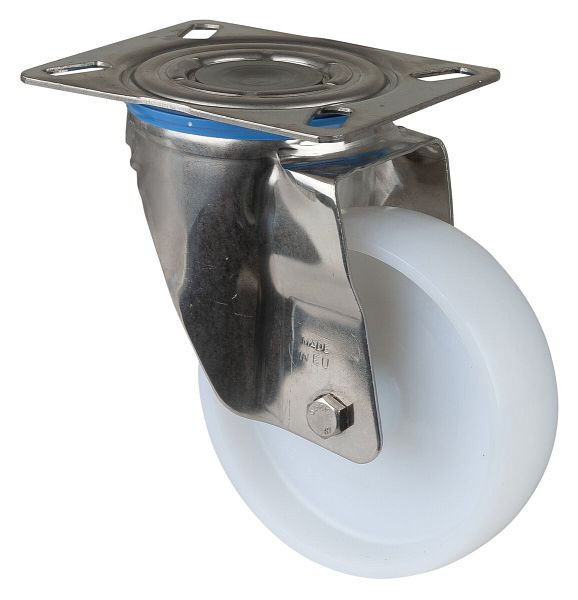Rouleau de transport en acier inoxydable BS rollers, largeur de roue 37,5 mm, Ø roue 125 mm, capacité de charge 130 kg, plastique, palier lisse, plaque, 163 mm, haut, H100.A90.126