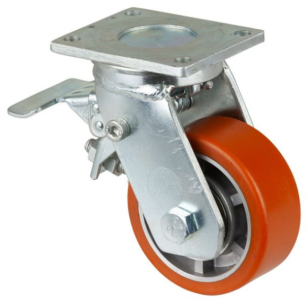 Roulettes BS Roulette robuste avec roue/blocage, B40 mm, Ø100 mm, jusqu'à 200 kg, polyuréthane superficiel moulé 95 Shore A, aluminium, roulement à billes, RR120.B90.100