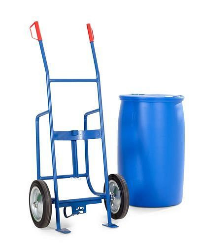 Chariot porte-fûts DENIOS FKH en acier, peint en bleu, pneus pleins en caoutchouc, pour fûts de 200/220 litres, électroconducteur, 180-861