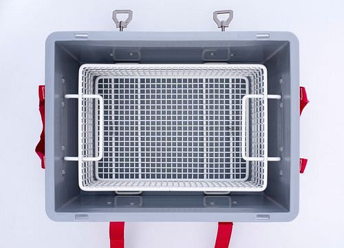 Boîtier de batterie DENIOS en PP, 28 litres, S-Box 1 Advanced, remplissage PyroBubbles®, 261-769