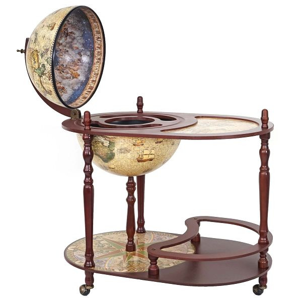 Bar globe Mendler avec table HWC-D84, bar de table bar maison minibar, globe Ø 42cm, bois d'eucalyptus, 64523+64524