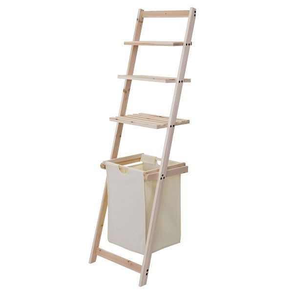 Mendler échelle étagère HWC-B59, étagère à linge panier à linge collecteur de linge étagère en bois étagère de salle de bain étagère escalier, sapin 152x41x35cm 39l, 60581
