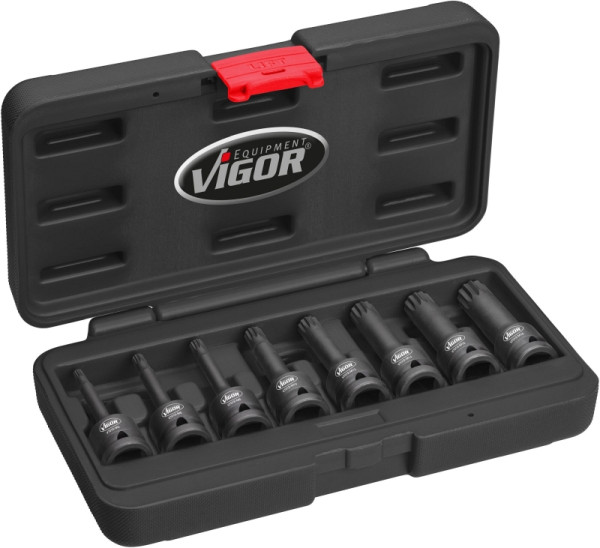 Jeu d'embouts de tournevis pour clé à chocs VIGOR pour profil cannelé interne (XZN), nombre d'outils : 8, V7018