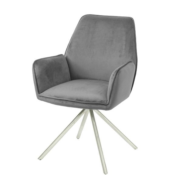 Chaise de salle à manger Mendler HWC-G67, chaise de cuisine avec accoudoirs, position automatique pivotante, velours, gris foncé, acier inoxydable, 82978