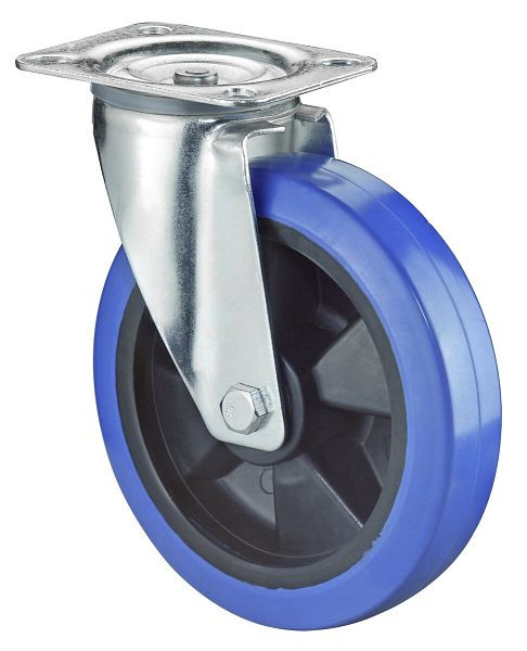 Rouleau de transport BS rollers, largeur de roue 50 mm, roue Ø 200 mm, capacité de charge 300 kg, pneus élastiques bleus, corps de roue en plastique, roulement à rouleaux, L400.B61.200
