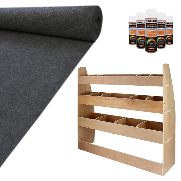 Monster Racking 26294 Revêtement de moquette super extensible anthracite 11 m² avec adhésif et système d'étagères VW Caddy