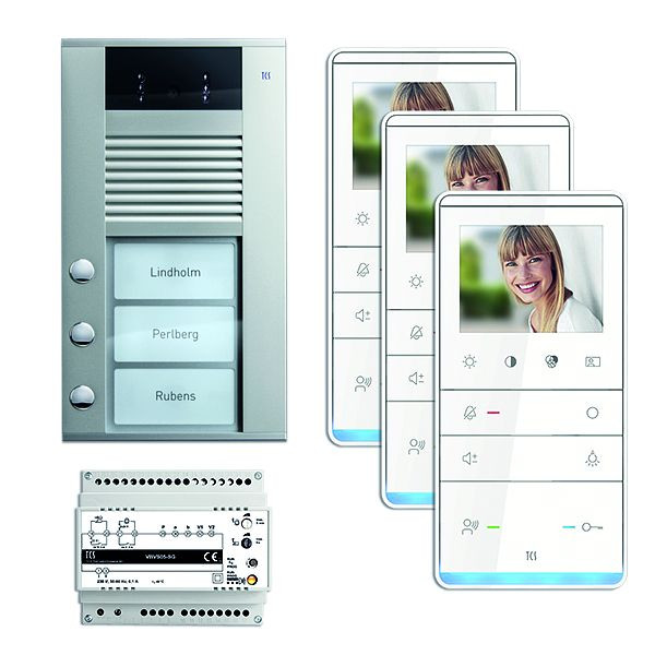 Vidéo de commande de porte TCS : pack AP pour 3 unités d'habitation, avec platine de rue AVD 3 boutons de sonnerie, 3x haut-parleur mains libres vidéo IVW5111, commande, PVE16030-0010