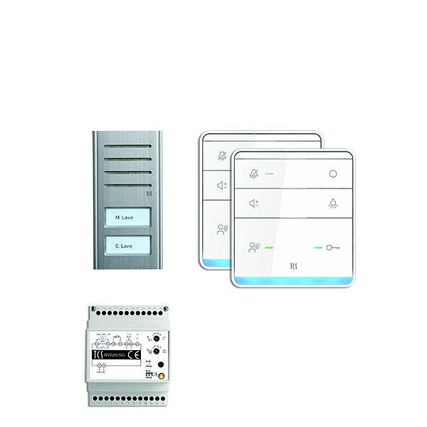 Système de commande de porte audio TCS : pack AP pour 2 unités résidentielles, avec poste extérieur ASX 2 boutons de sonnerie, 2x haut-parleur mains libres ISW5010, unité de contrôle BVS20, PSX2320-0000