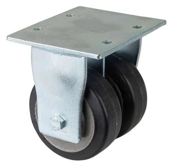 Roulette double robuste BS Wheels, roulette fixe, largeur de roue 2x50 mm, Ø roue 125 mm, capacité de charge 550 kg, bandages élastiques noirs, fonte, roulements à billes, S110.B81.125