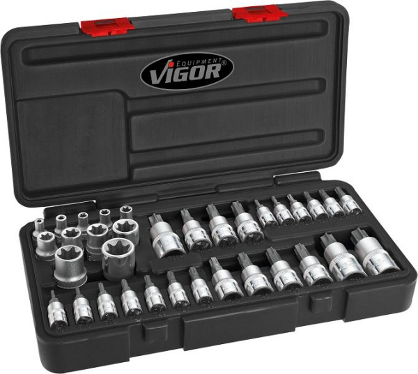 Jeu de douilles TORX VIGOR, profil TORX intérieur, profil TORX inviolable, E4 - E20, T9 - T60, nombre d'outils : 34, V1781
