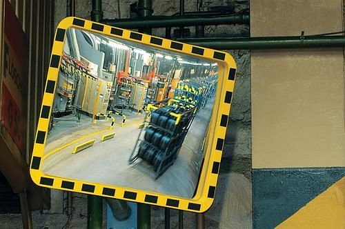 Miroir industriel DENIOS G 3, en verre acrylique résistant aux chocs, cadre noir/jaune, 800x1000mm, 165-538